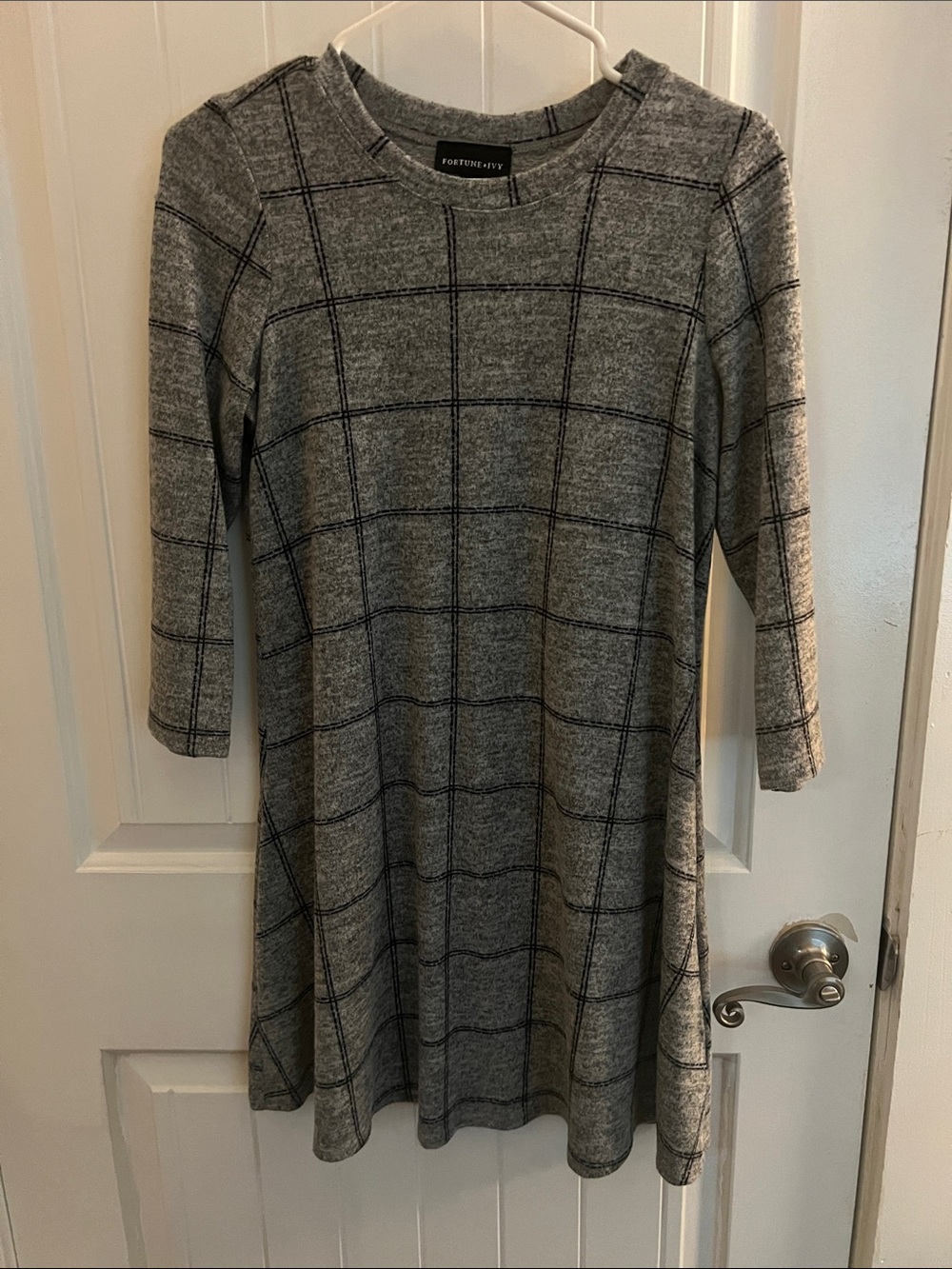 Windowpane Fit-and-Flare Midi Dress in Gray